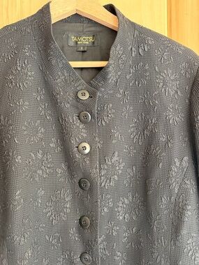 Vtg Tamotsu New York Silk Blend Floral Jacquard Long Tunic Blouse Black Size 1